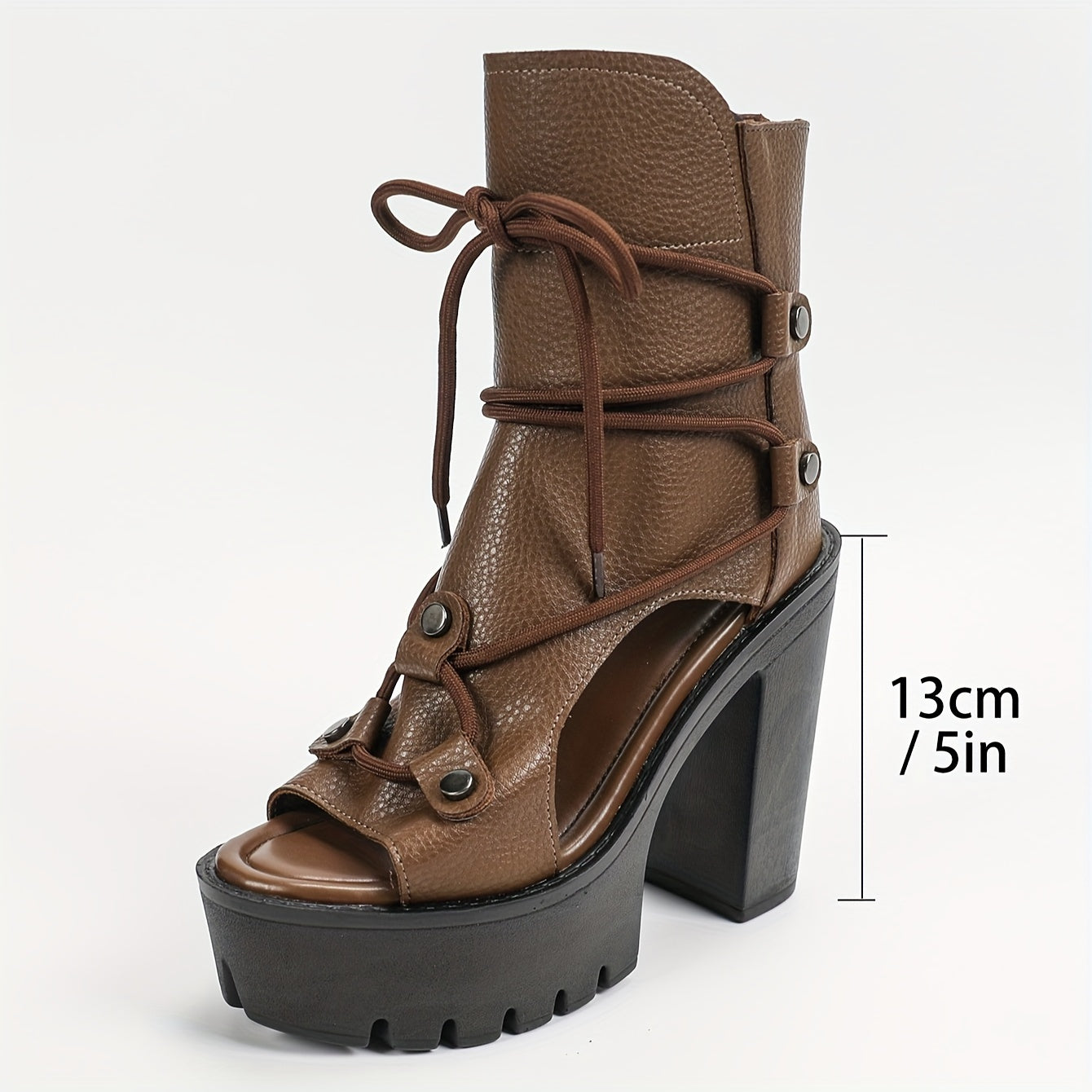 High Heel Block Microfiber Women's Fashion Retro Roman Open Toe Ankle Booties with Zip Closure, Lace-Up Detail, and PU Sole for Casual or Evening Wear